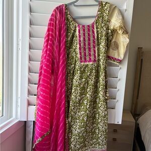 Pink and green Indian cotton Punjabi suit dress 3 piece set Size small